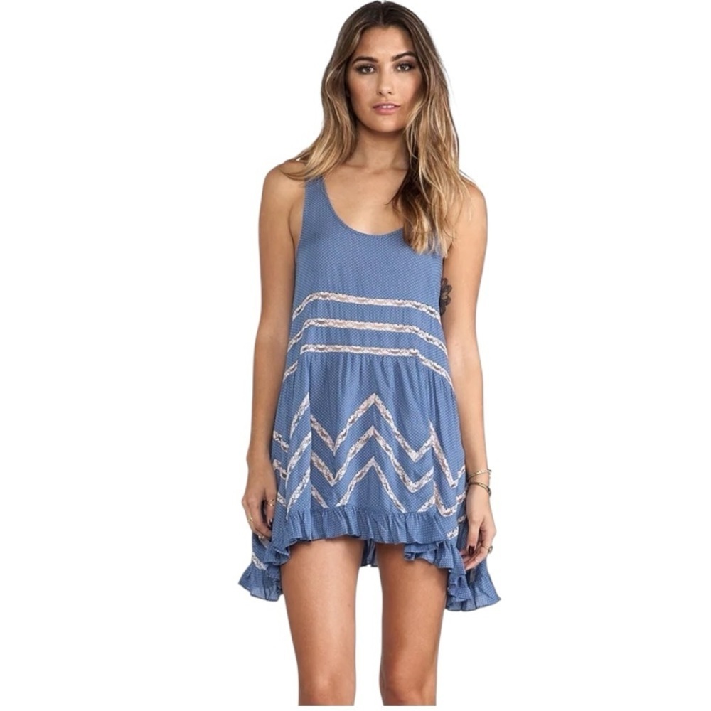 Intimately Free People FP Trapeze Voila Lace Slip Dress S Blue White Polka Dot